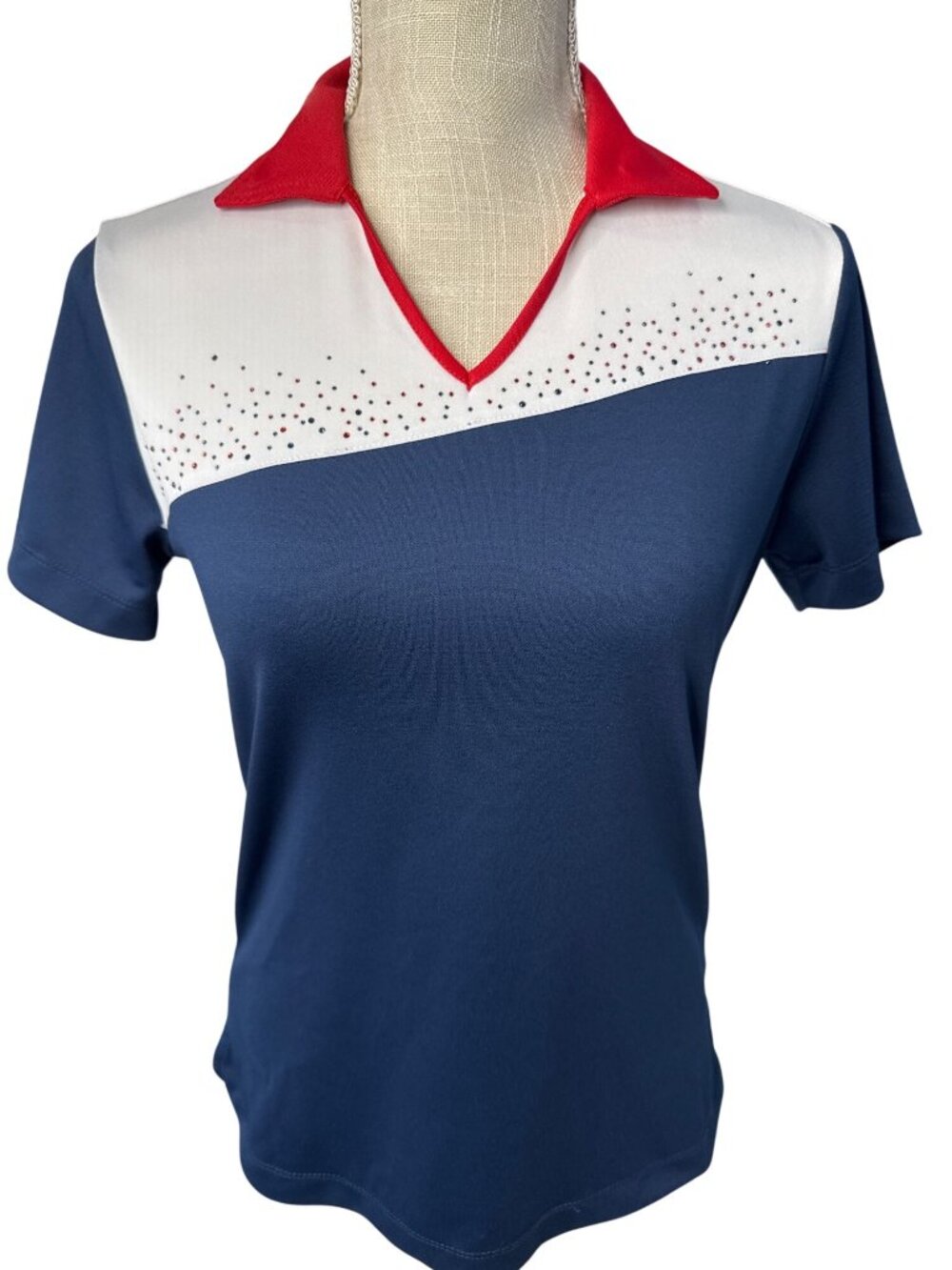 NWT Monterey Club Moisture-Wicking Polo Shirt Navy/Red/White Rhinestone Size S